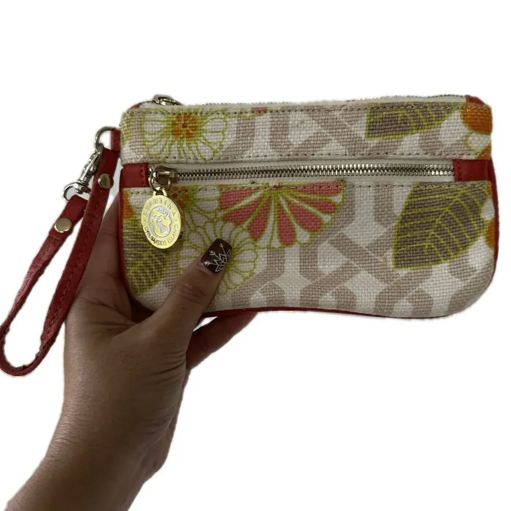 Spartina Daufuskie Island Floral Natural Linen Genuine Leather Wristlet